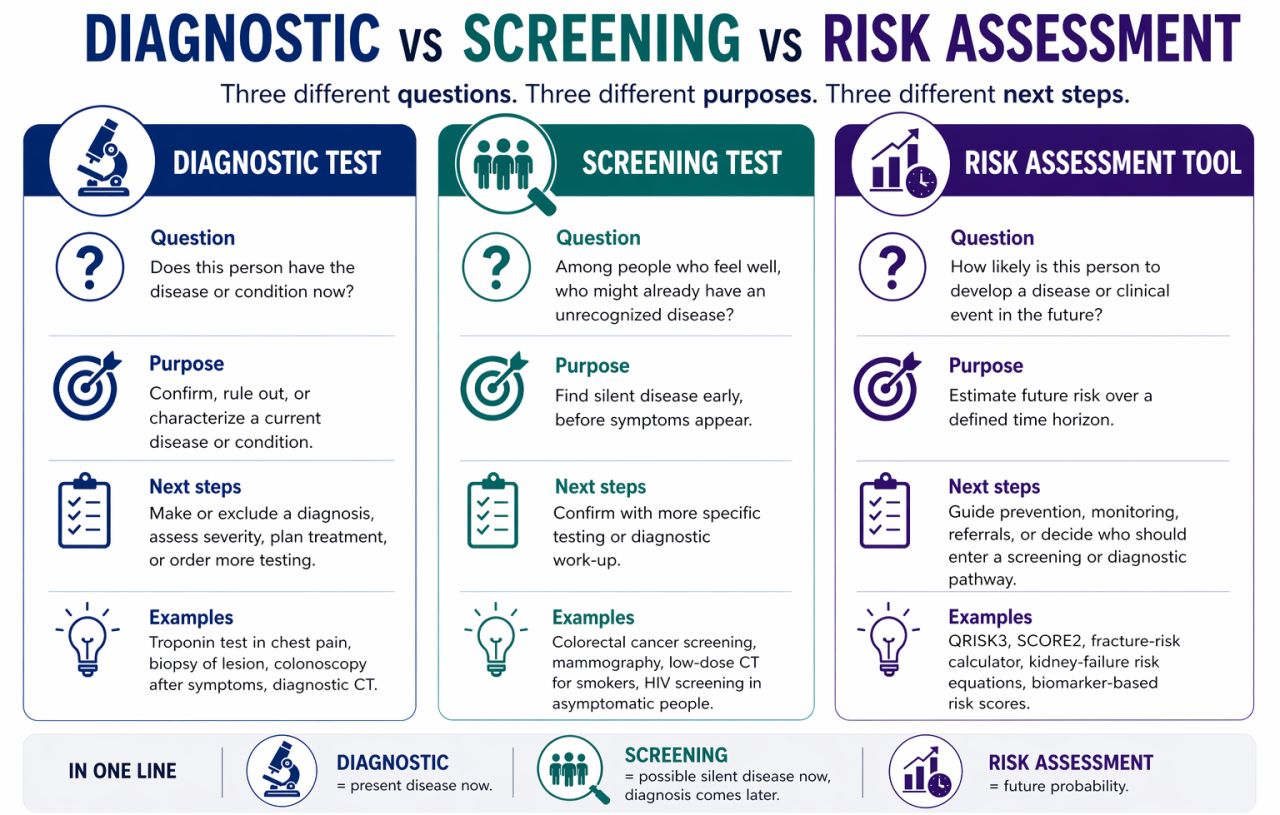 Diagram separating diagnostic tests, screening tests, and risk assessment tools