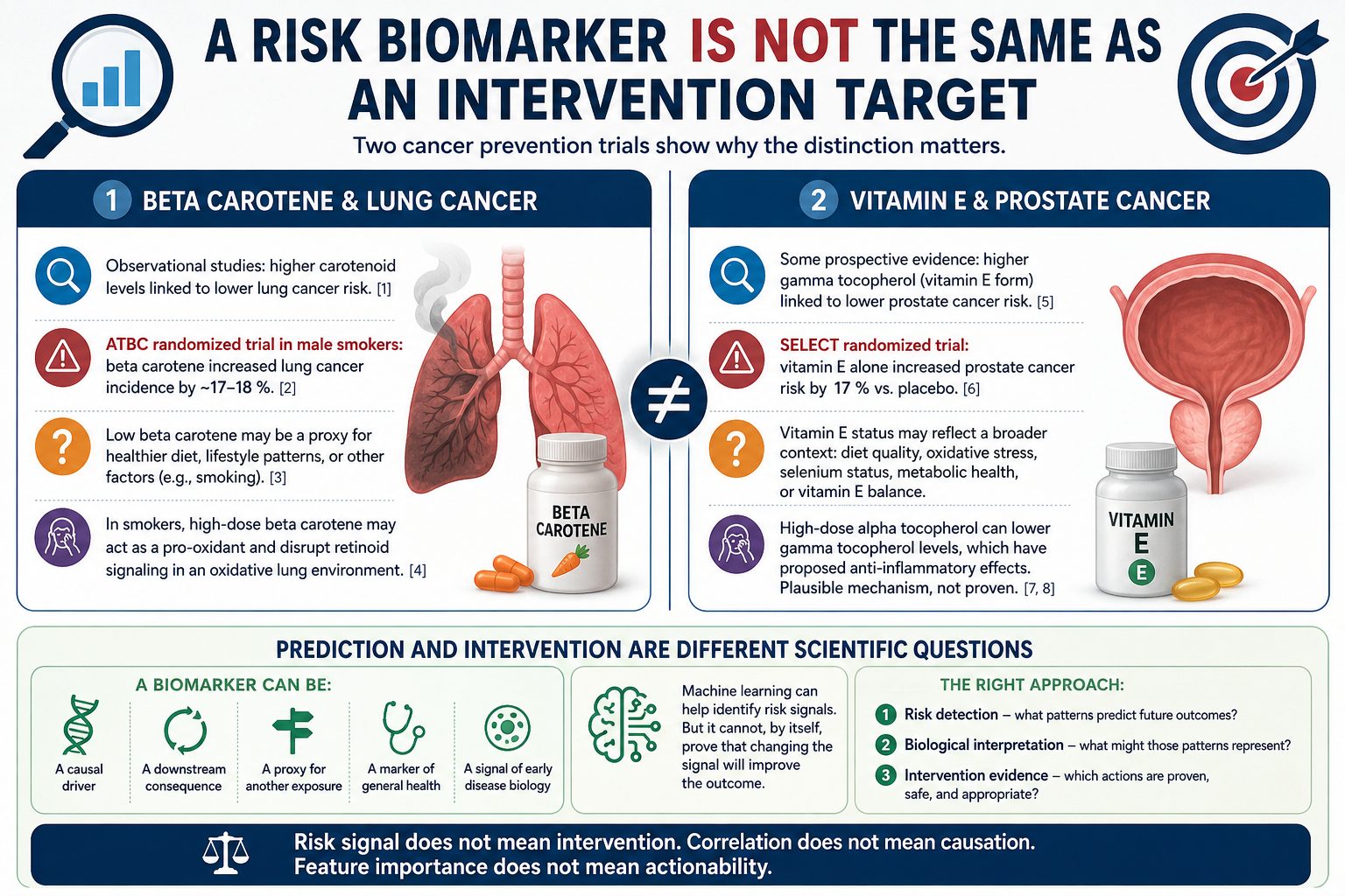 Illustration separating risk detection, biological interpretation, and intervention evidence